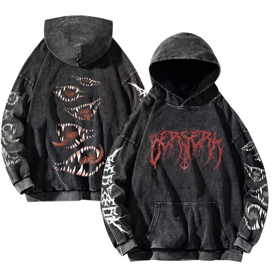 Black hoodie with graphic designs on sleeves and front, featuring a brand logo.