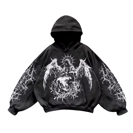 Black hoodie with white dragon design on a white background