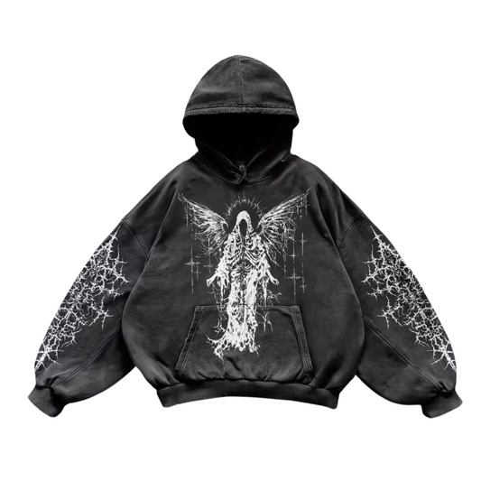 Black hoodie with white angel design on a white background