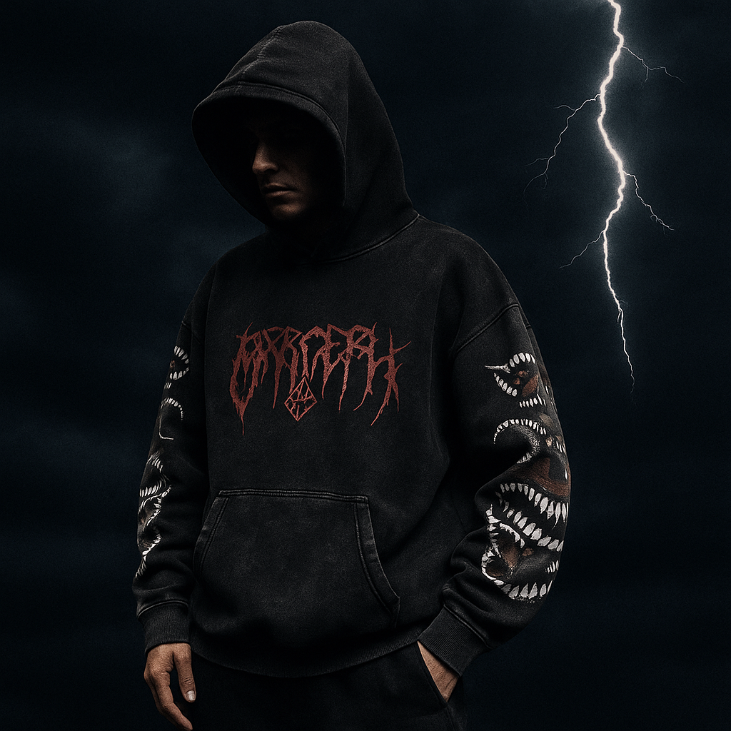 Person wearing a black hoodie with red text against a dark background with lightning.