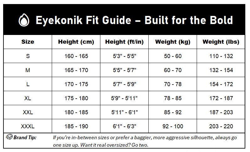 Eyekonik Fit Guide chart for clothing sizes with height and weight ranges.