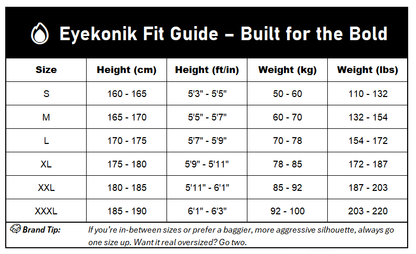 Eyekonik Fit Guide chart for clothing sizes with height and weight ranges.